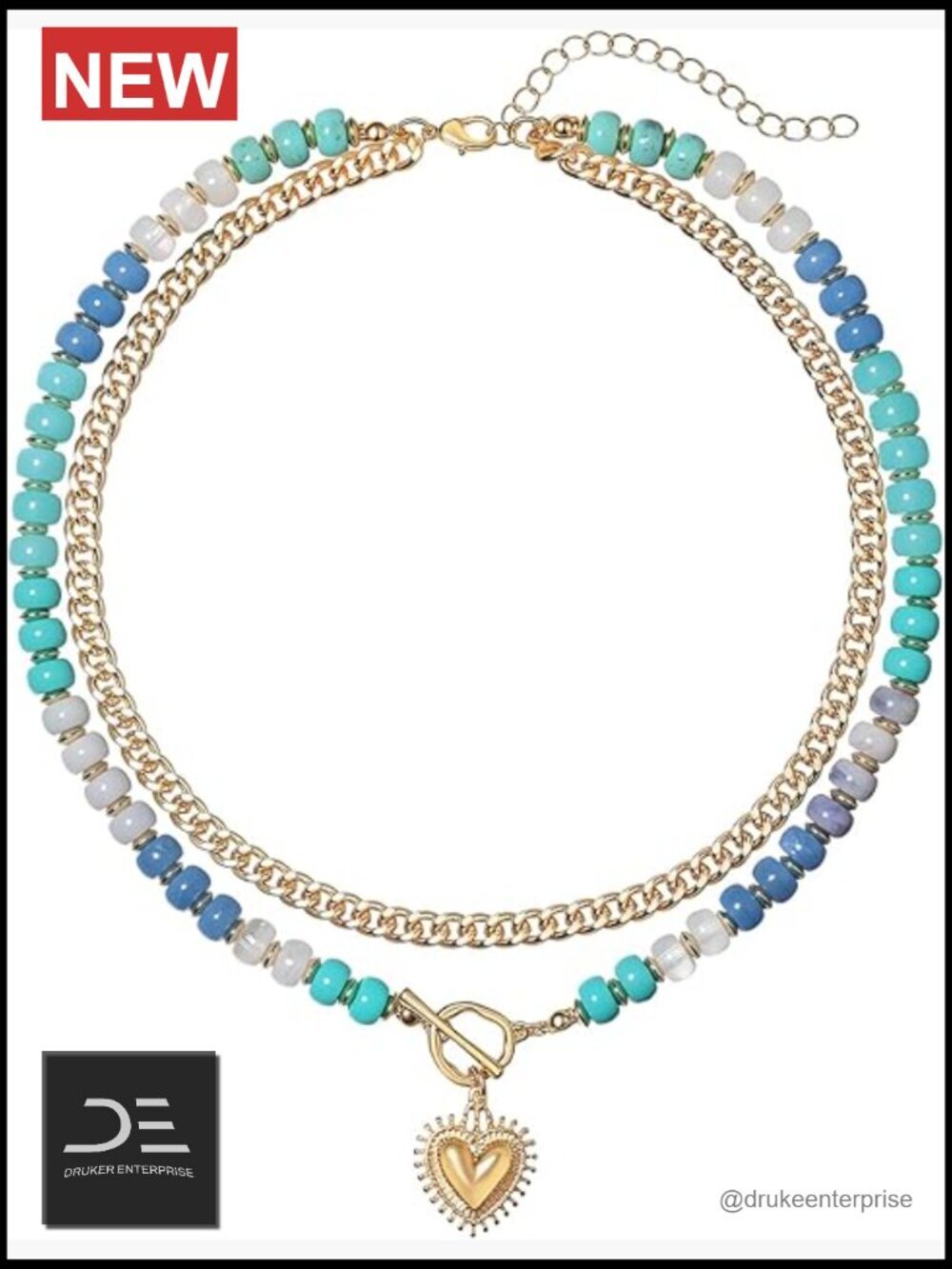 Double Layered Acrylic Beaded Choker Necklace with Gold Heart Charm Chunky Chain
